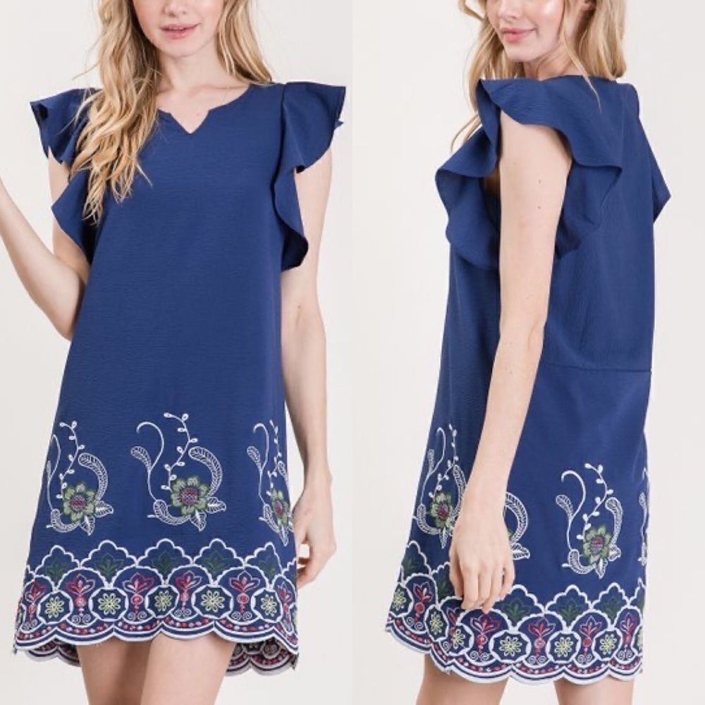 🆕 Love Kuza Navy Embroidered Floral Scalloped Ruffle Shift